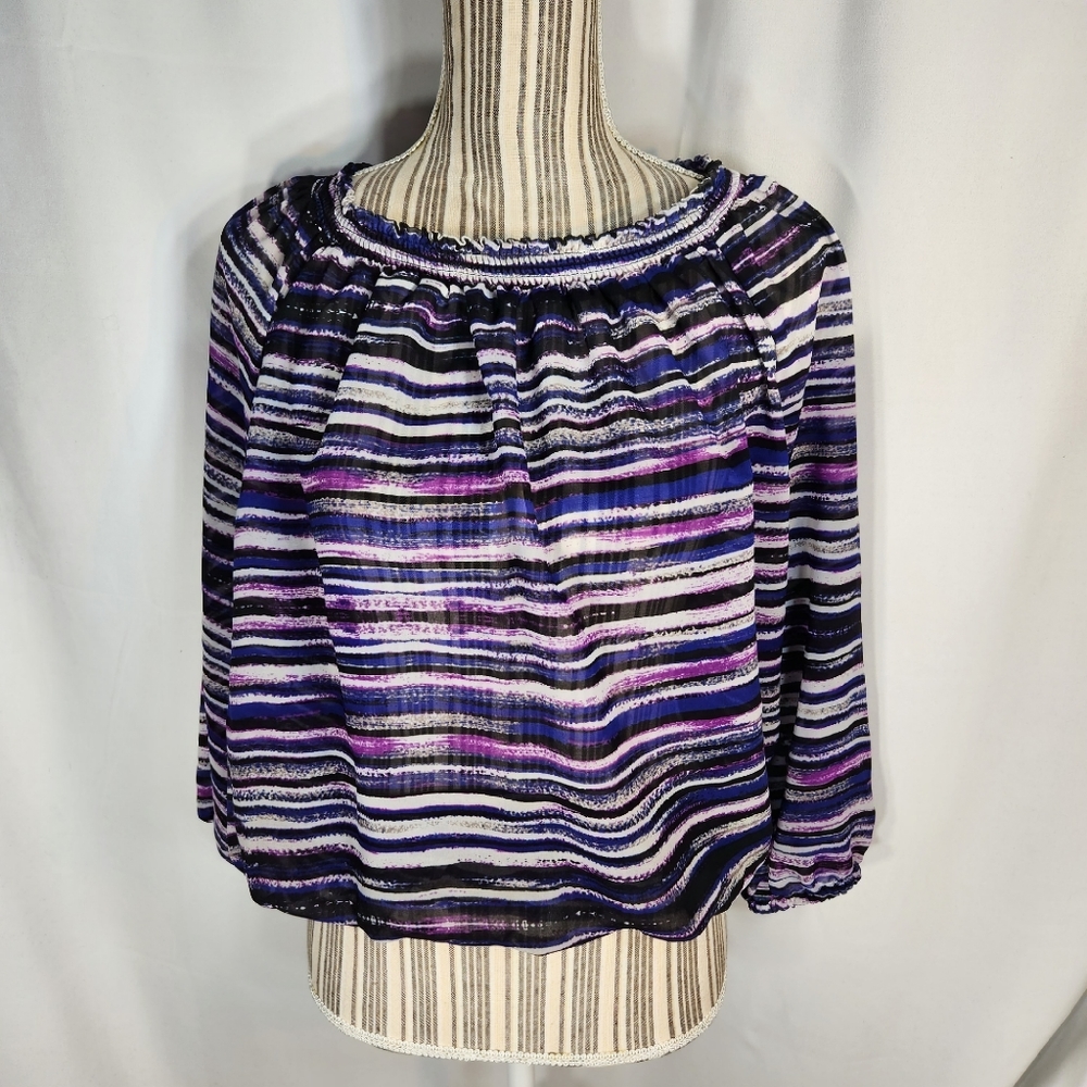 Daisy Fuentes Malibu Blue Combo Smocked Elastic Hem Long Sleeve Top Size Large